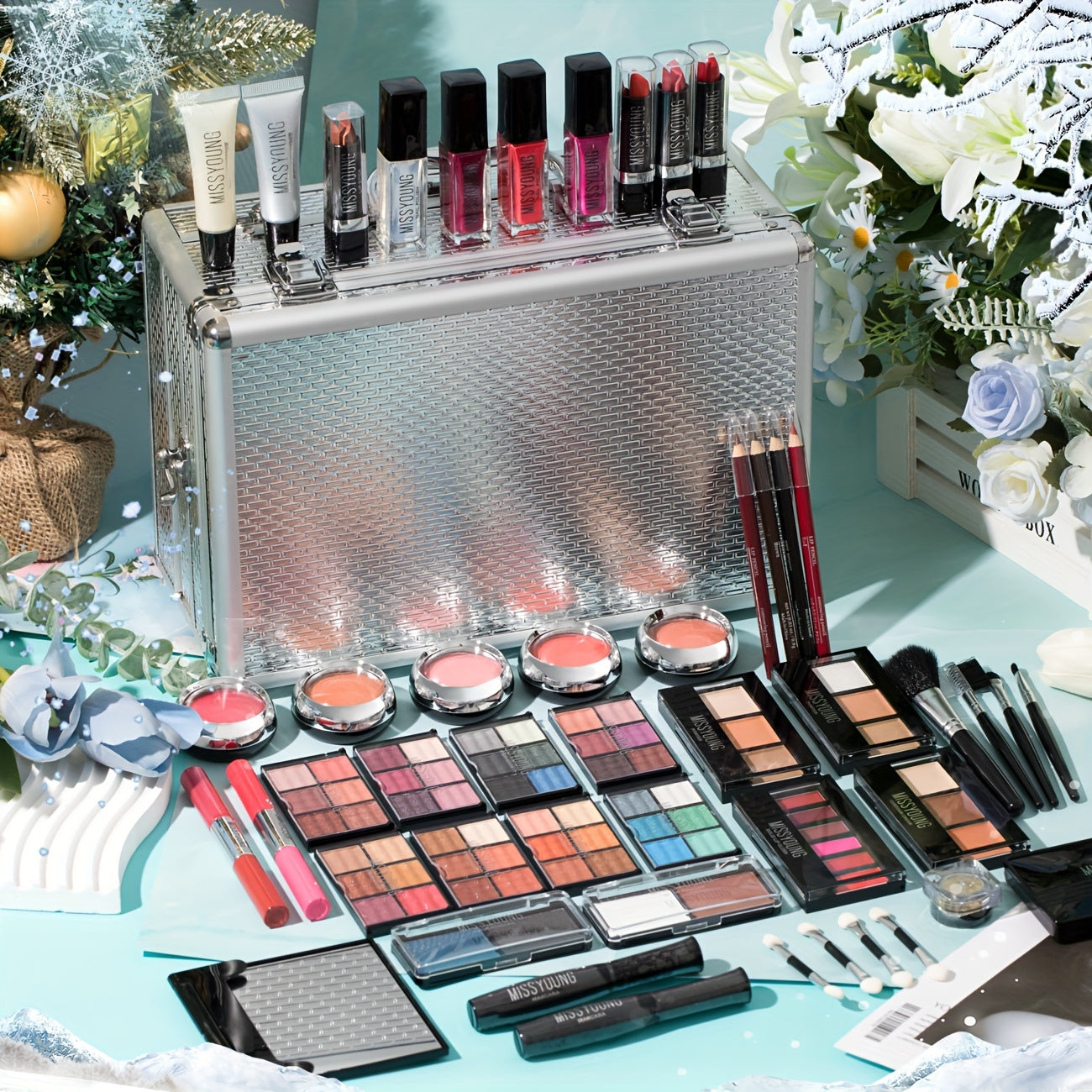 Makeup Kit in Handled Aluminum-Style Travel Case with Mirror, Tiered Trays and Silvery or Red Finish