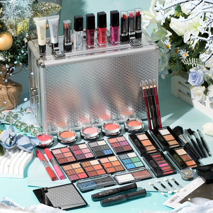 Makeup Kit in Handled Aluminum-Style Travel Case with Mirror, Tiered Trays and Silvery or Red Finish
