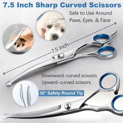 Dog Grooming Scissors Set 7-in-1 Professional Ceramic Coated Stainless Steel Safety Round Tip Straight Thinning Curved Scissors Comb Kit