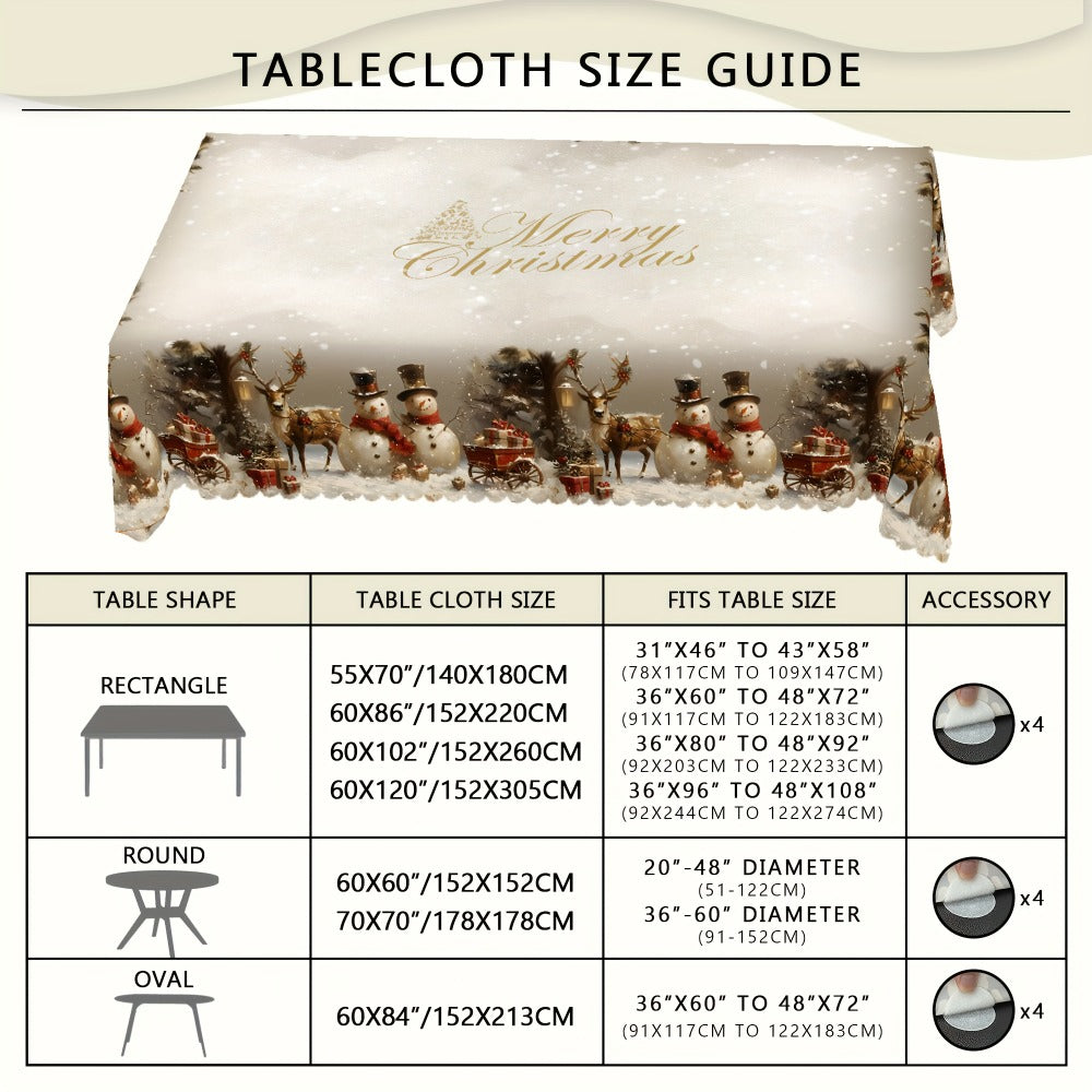 Tablecloth with Snowman, Reindeer and Christmas Tree Print in Round, Oval and Rectangle Sizes
