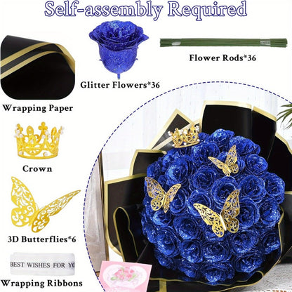 Artificial Flowers Glitter Rose Bouquet in 24 or 36-Piece Sets with Nine Sparkling Color Options