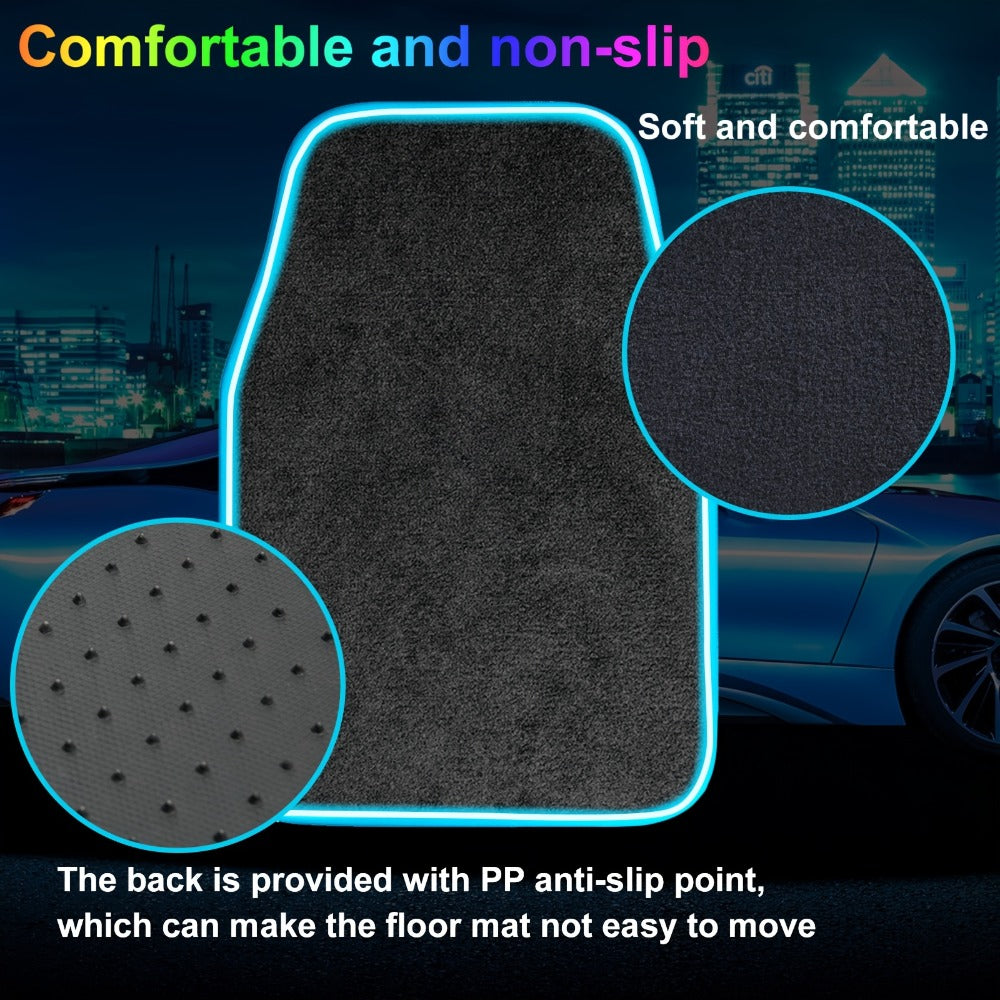 Edge-Lighted Car Floor Mats, Four-Piece Set with App-Controlled RGB Strip and Soft or PU Surface Options