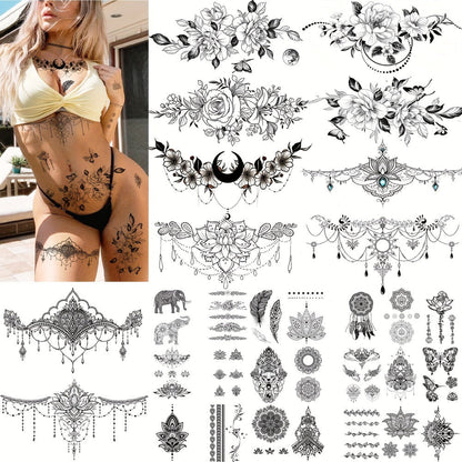 Temporary Tattoos, 10-Sheet Large Black Body Art Set with 60-Plus Floral, Ornamental and Symbol Motifs