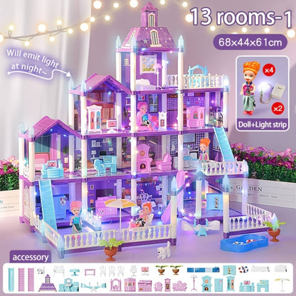 LED Dollhouse Playset for Girls, Purple Multi-Room Playhouse with Doll Figures, Puppies, Furniture & LED Lighting