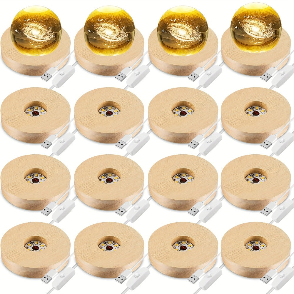 LED Light Base Wooden Display Stand 16 Pack USB Powered White Light Base for 3D Crystal for Parties, Celebrations and Guest Favors