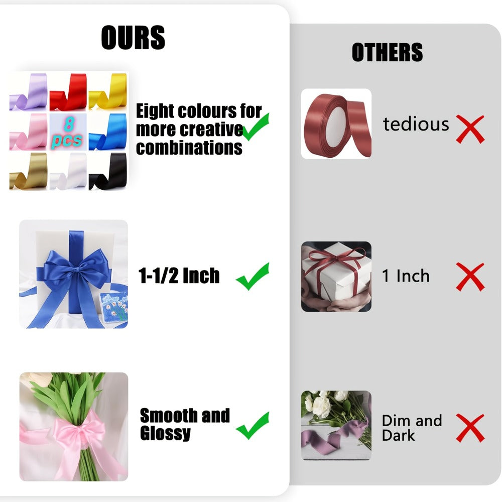 Satin Ribbon 1.5 Inch Wide – 8 Rolls 200 Yards Assorted Colors, Solid Color Silk Ribbon for Gift Wrapping, Hair Bows, Wedding, Party