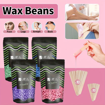 Hard Wax Beads for Hair Removal - 4 Colors Wax Beans with 20 Wood Sticks, Brazilian Bikini Wax Kit for Women & Men