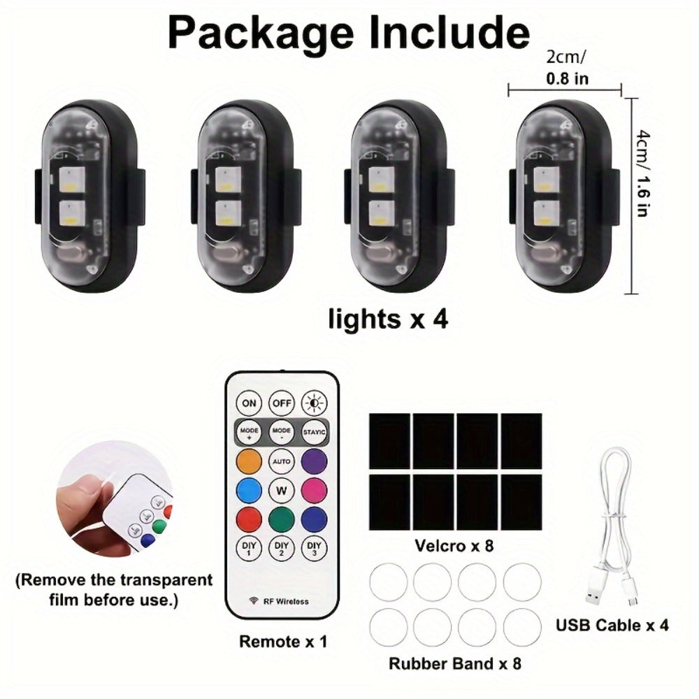 Wireless LED Strip Lights 8-Color 4pcs / 6pcs – Remote Control USB Rechargeable Waterproof Anti-Collision Light for Car Motorcycle Bike