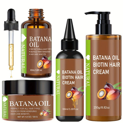 Four-Piece Batana Hair Care Set with Coordinated Oil and Cream Containers in Assorted Sizes