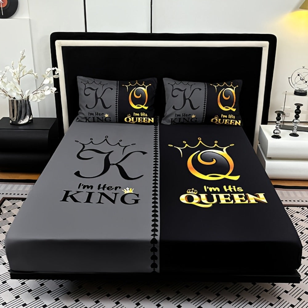 Bed Sheet Set 3 Piece Super Soft Microfiber Fitted Sheet with Pillowcases – Deep Pocket 15 Inch Crown Letter Print Color Block Bedding Twin