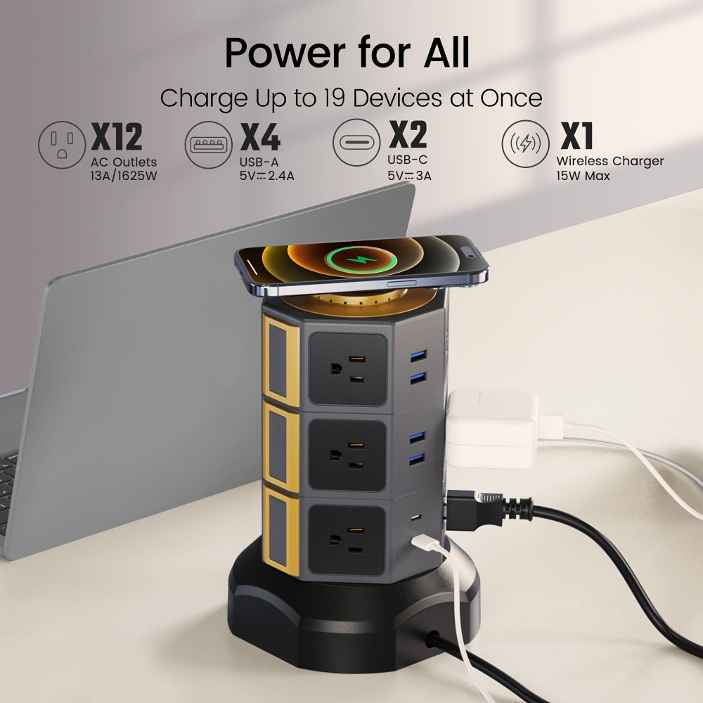 Surge- Power Tower 13-in-1 with Wireless Charger, 9 AC Outlets & 4 USB Ports (2 USB-C PD18W), 1080J Surge Protector