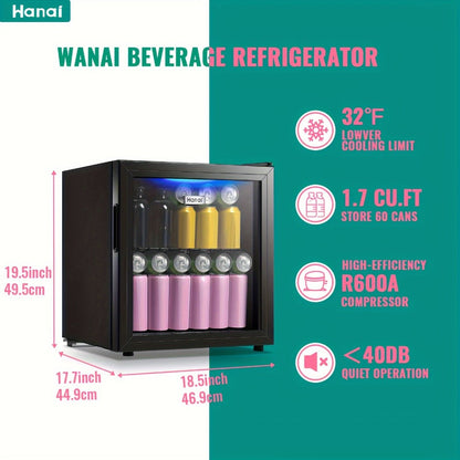 Beverage Refrigerator with Glass Door, Mini Drink Cooler Fridge with Blue LED Light, 3 Adjustable Shelves & R600a Compressor