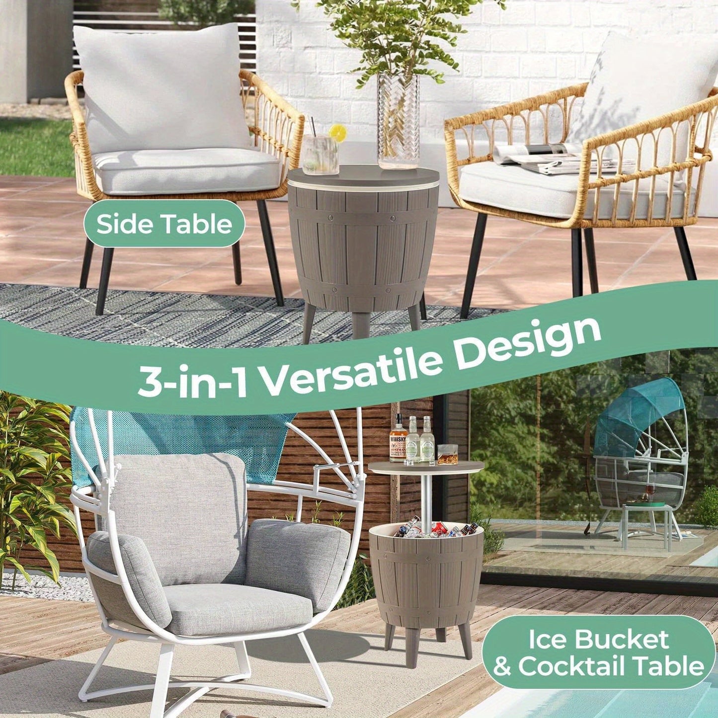 Outdoor Cooler Bar Table 3-in-1, 10 Gal Ice Bucket, Coffee Table & Serving Station, All-Weather PP