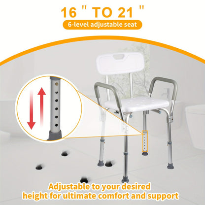 Shower Chair with Armrests & Backrest, Height Adjustable Aluminum Bath Seat, Rubber Feet, Cushioned Support for Elderly