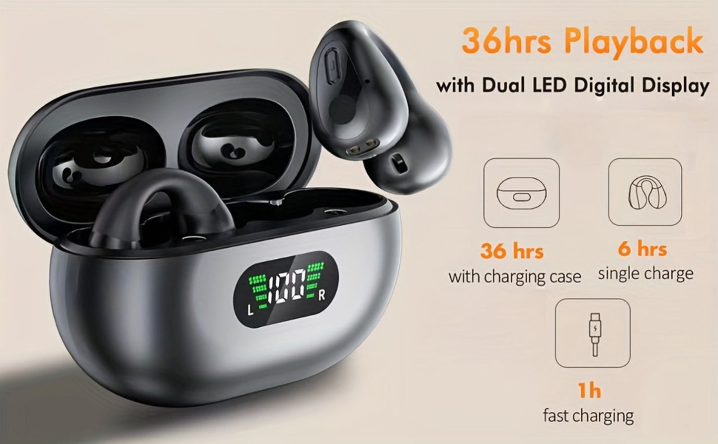 Menzluio Bone Conduction Headphones 48H Playtime HiFi Stereo Active Call Noise for Bedside Audio, Alarms and Room Entertainment