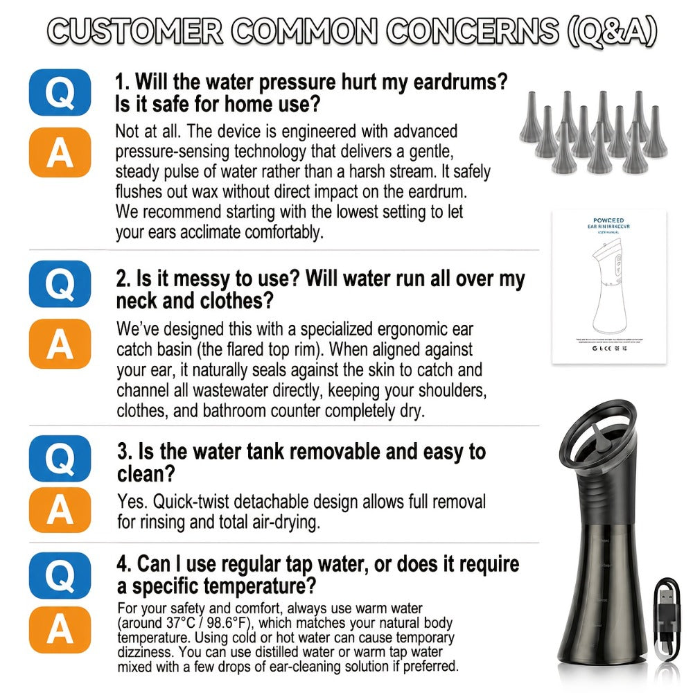 Electric Ear Wax Removal Kit with One-Piece Waste Tank – Water Temperature Sensor, 2000mAh Battery, LED Power Display