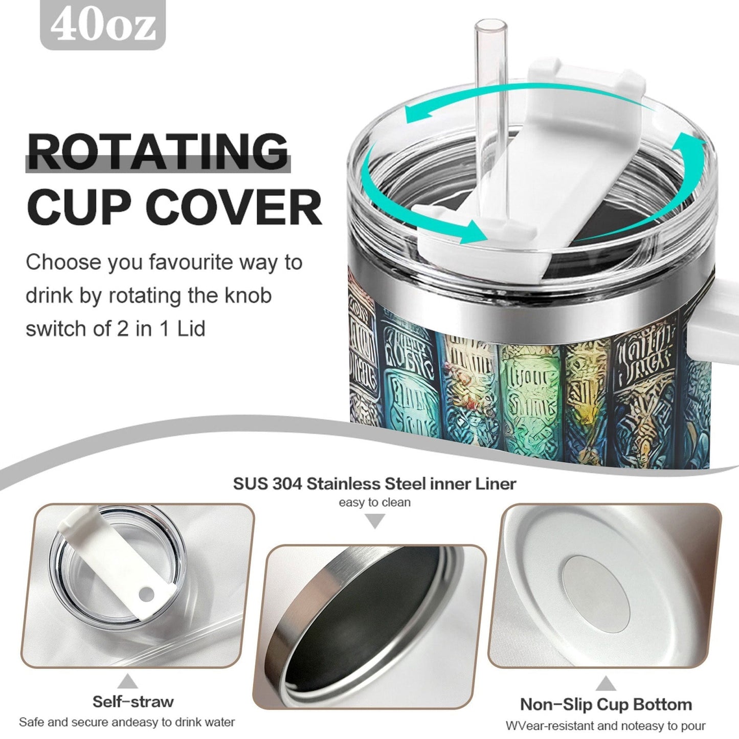 40oz Bookshelf-Art Handled Tumbler with Rotating Two-Position Lid, Straw and 7.5 x 27.5 cm Pictured Size