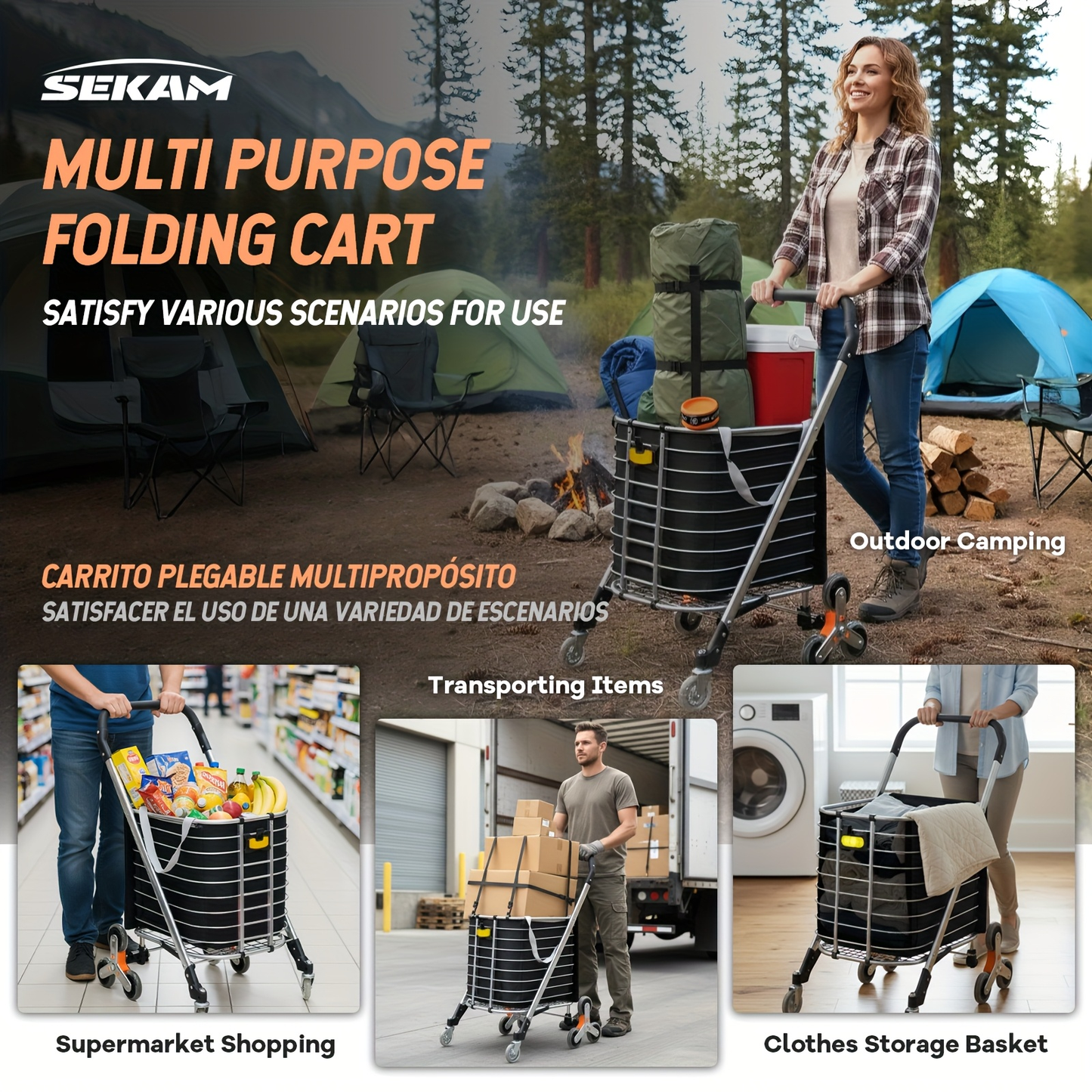 Stair Climbing Cart Collapsible Shopping Trolley with Swivel Wheels & Night Light, for Garden, Patio and Yard Use