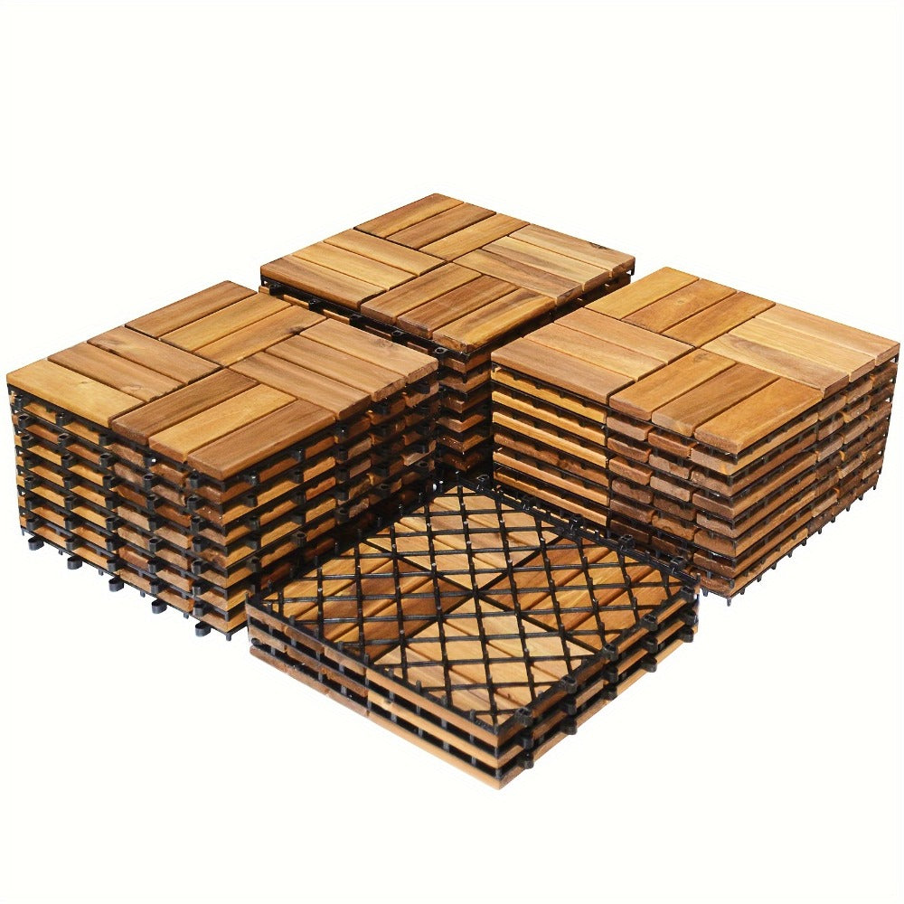 Interlocking Acacia Wood Deck Tiles 27-Pack – 12x12 Inch Oil-Finished Slat Tiles, Covers 27 Sq Ft, Tool-Free Install, for Patio, Balcony