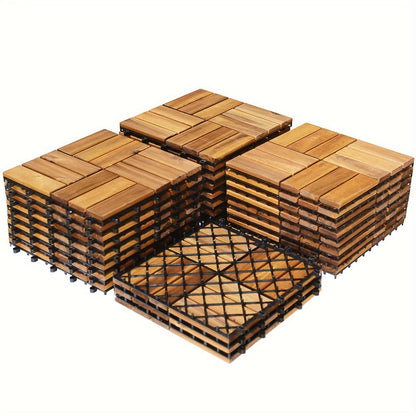 Interlocking Acacia Wood Deck Tiles 27-Pack – 12x12 Inch Oil-Finished Slat Tiles, Covers 27 Sq Ft, Tool-Free Install, for Patio, Balcony