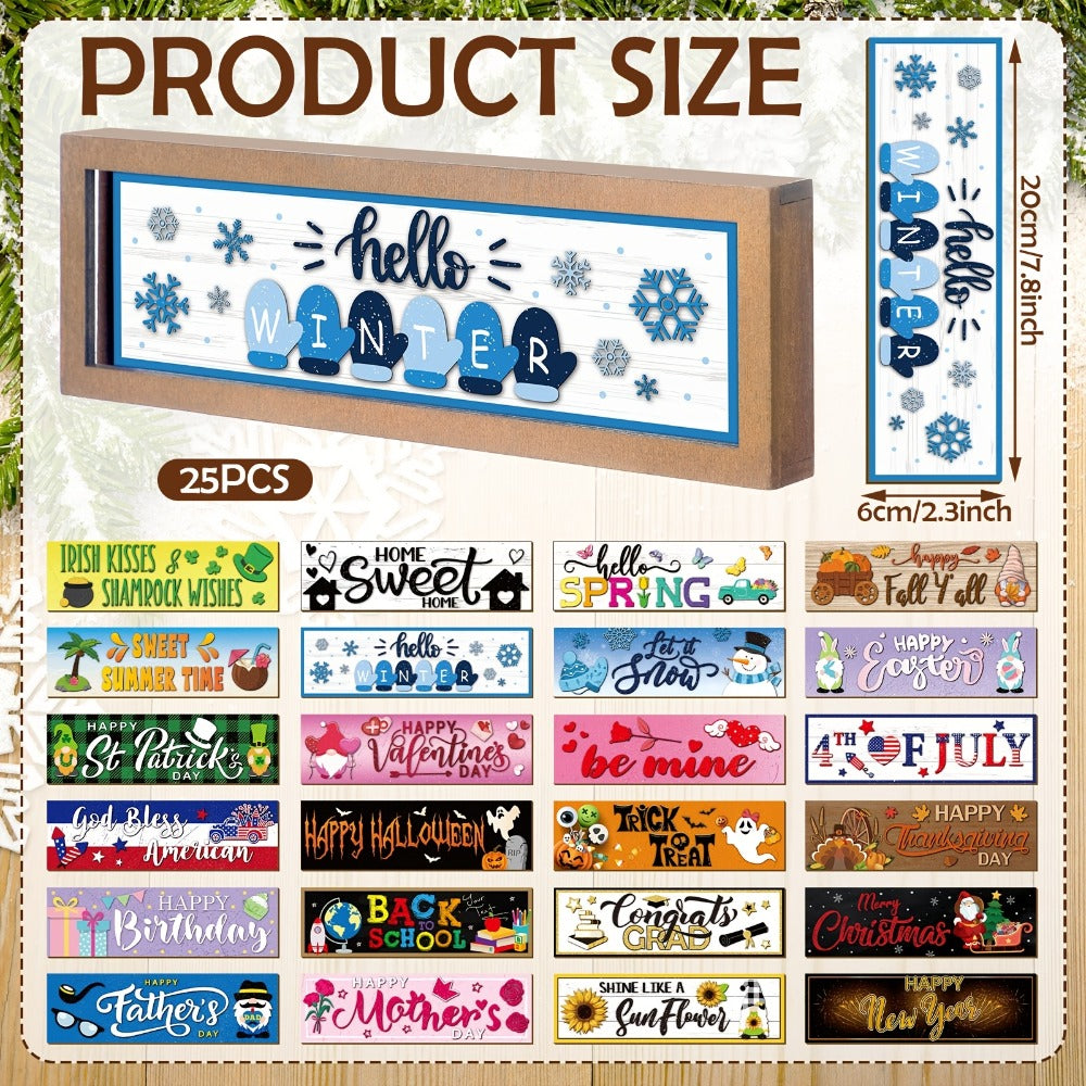 Interchangeable Seasonal Wood Welcome Sign 25-Piece Set – Wooden Frame Table Decor with Swappable Holiday Signs for Fall, Thanksgiving