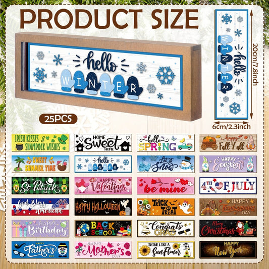 Interchangeable Seasonal Wood Welcome Sign 25-Piece Set – Wooden Frame Table Decor with Swappable Holiday Signs for Fall, Thanksgiving