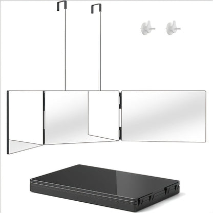Three-Way Folding Mirror for Haircutting 360° View Anti-Fog HD Glass Height-Adjustable Telescopic Hook – Foldable Three-Sided Mirror