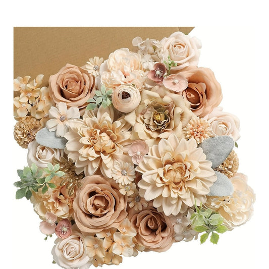 Artificial Flowers Champagne Combo Box with Fabric Blooms, Leafy Wire Stems and DIY Wedding Styling