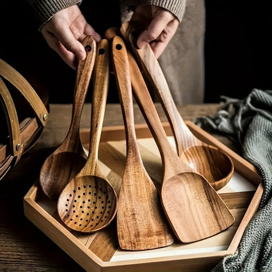 Kitchen Utensils by JIASING, 3-, 5- or 7-Piece Wood Spoon, Spatula, Ladle and Egg-Beater Set Options