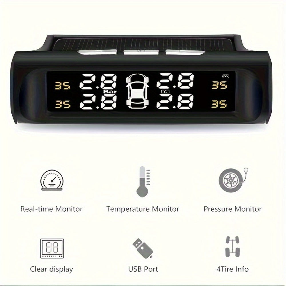 TPMS Tire Pressure Monitor Solar & USB Powered – Real-Time LCD Display, 6-Mode Auto Alarm, Windshield Mount, Day & Night Readable