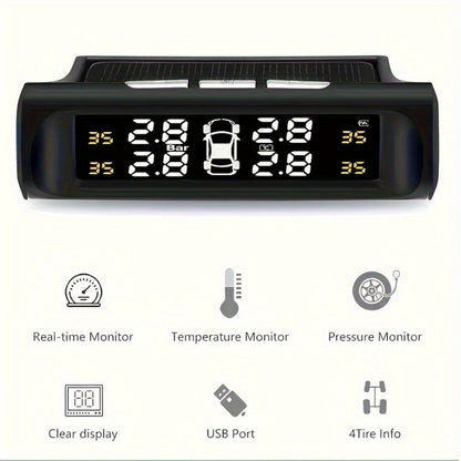 TPMS Tire Pressure Monitor Solar & USB Powered – Real-Time LCD Display, 6-Mode Auto Alarm, Windshield Mount, Day & Night Readable