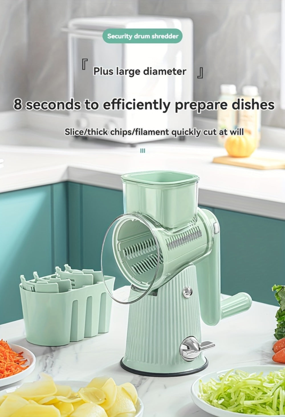 Rotary Cheese Grater with Interchangeable Blades, 5-in-1 Manual Vegetable Slicer Shredder Set, Suction Cup Base
