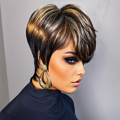 Synthetic Wig 4-Inch Layered Pixie with Bangs, Black-Blonde Look and Rose Net Cap for Daily Style
