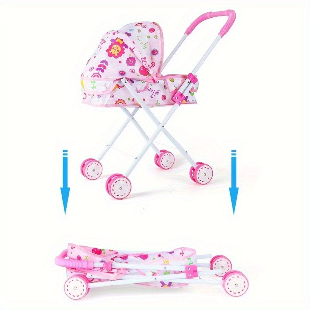 11-Inch Baby Doll and Folding Stroller Playset with 12 Food Accessories in Pink or Purple Color Options