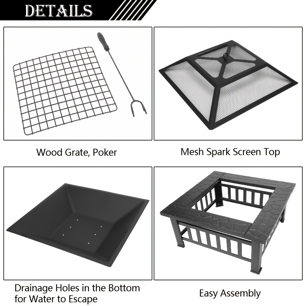 Square Fire Pit Table 32 Inch Metal Wood Burning Outdoor Fire Pit with Mesh Lid, Poker & Tabletop for Backyard Patio Garden Gatherings