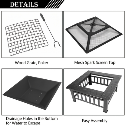 Square Fire Pit Table 32 Inch Metal Wood Burning Outdoor Fire Pit with Mesh Lid, Poker & Tabletop for Backyard Patio Garden Gatherings