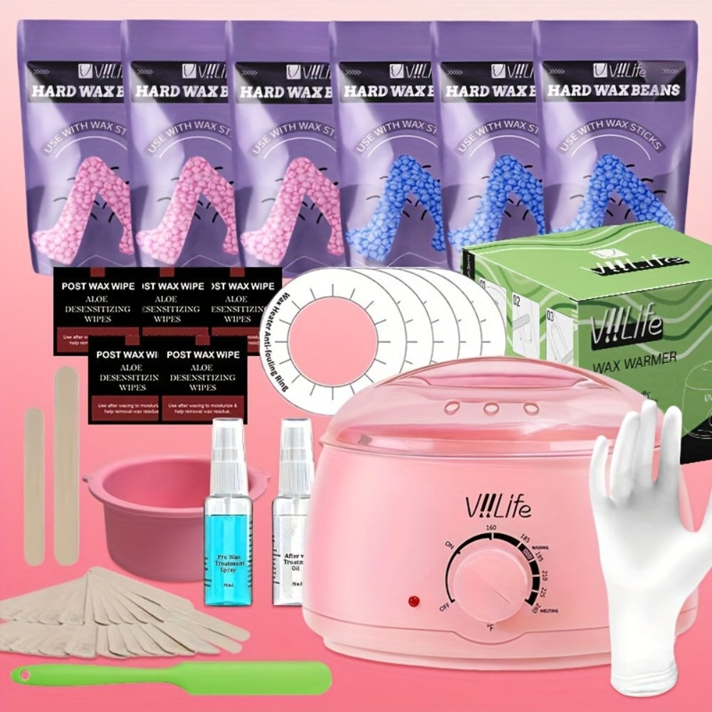 Hard Wax Warmer Kit 43 Piece Complete Home Waxing Set with Pink Hard Wax Beads – No Strip Hair Removal for Face Eyebrow Body Brazilian