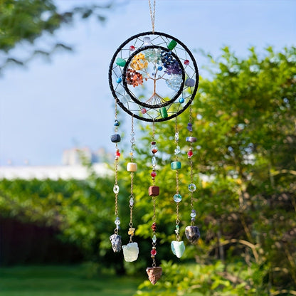 Crystal Wind Chime Suncatcher with Life Tree Pendant - Handmade Bohemian Shattered Stone for Entryways, Bedrooms and Living Spaces