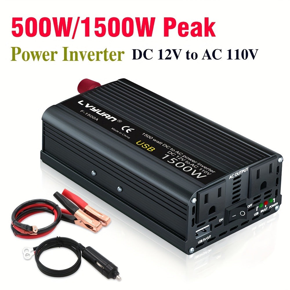 Car Power Inverter 500W 12V to 110V AC Outlet Converter with QC3.0 USB Port for Vehicle Boat Truck RV Portable Auto Power Adapter 200W Rated