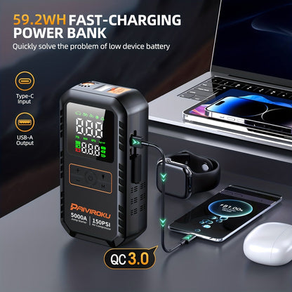 5000A Car Jump Starter with 150 PSI Digital Tire Inflator, 12V Clamps and 44.4Wh, 59.2Wh or 74Wh Options