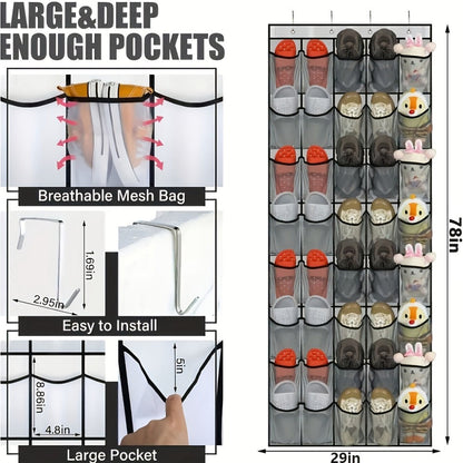 Over the Door Shoe Organizer 40 Pockets with 4 Hooks, Durable Fabric Hanging Shoe Storage for Closet