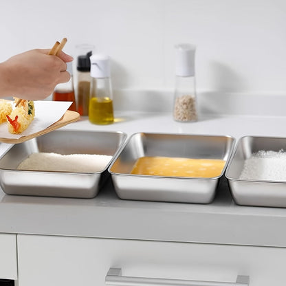 Breading Pan Set 3pcs, Stainless Steel Crumb Tray for Chicken Breading, Fish Coating and Meat Marinating, Oven Safe Food Prep Tray