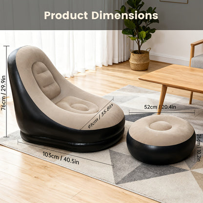 Inflatable Recliner Sofa with Footstool Set – Heavy Duty Portable Folding Air Couch with Plush Fabric & Pump Included