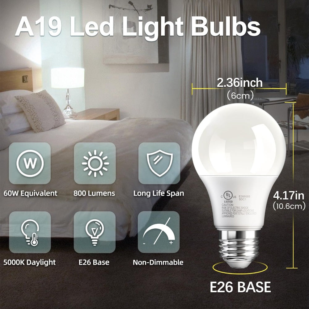 A19 LED Light Bulbs 60 Watt Equivalent, 5000K Daylight White E26 Base, 800 Lumens 9W Energy Efficient Bulb, 80+ CRI 15000 Hours Long Life