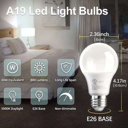 A19 LED Light Bulbs 60 Watt Equivalent, 5000K Daylight White E26 Base, 800 Lumens 9W Energy Efficient Bulb, 80+ CRI 15000 Hours Long Life