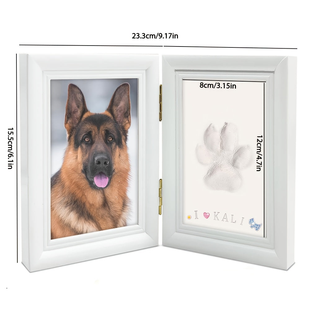 Pet Paw Print Frame Kit with Clay Impression – Wooden Photo Frame Keepsake for Dogs & Cats, Tabletop Memorial Gift