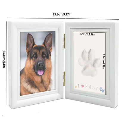 Pet Paw Print Frame Kit with Clay Impression – Wooden Photo Frame Keepsake for Dogs & Cats, Tabletop Memorial Gift