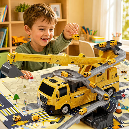 3-in-1 Crane Excavator & Racing Track Toy Set for Kids Ages 3+, Construction Vehicle Playset with Lights & Sounds