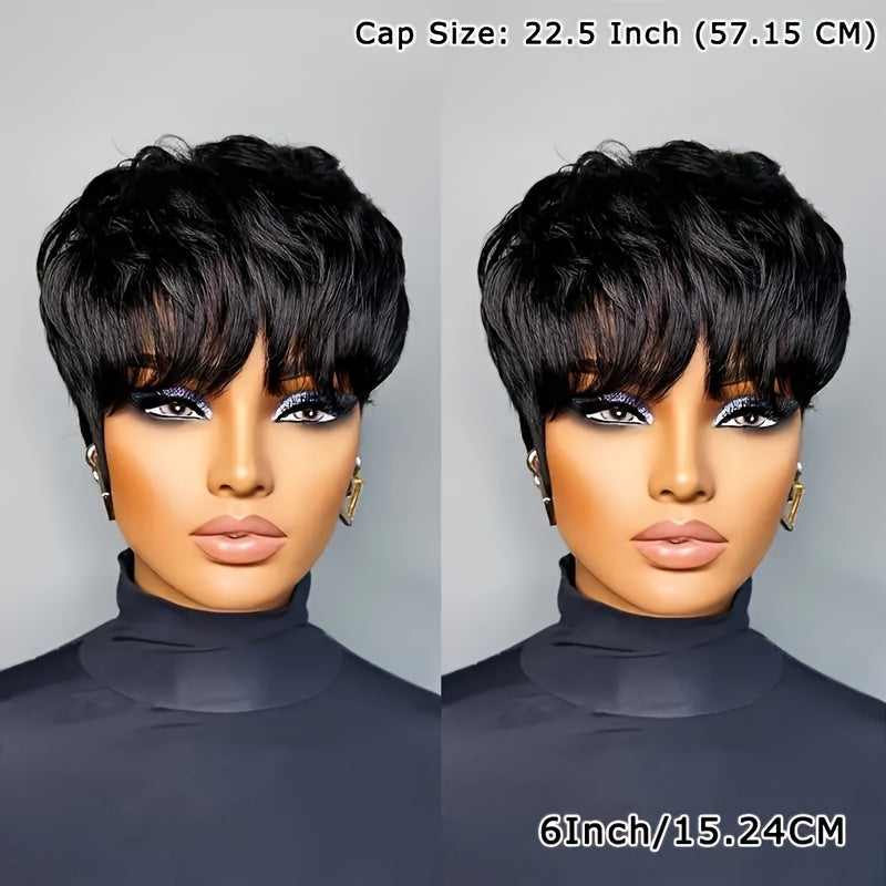 Straight Pixie Human Hair Wig with Bangs, Black 6-Inch Length and Approximately 22.5-Inch Cap