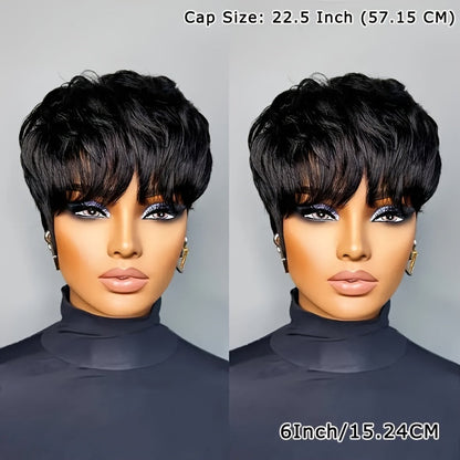 Straight Pixie Human Hair Wig with Bangs, Black 6-Inch Length and Approximately 22.5-Inch Cap